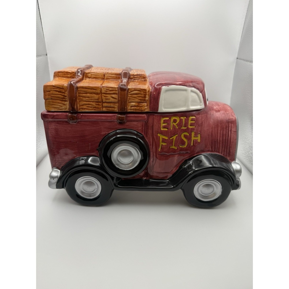 VTG Youngs China Erie Fish Co Red Truck Cookie Jar Fathers Day Fisherman